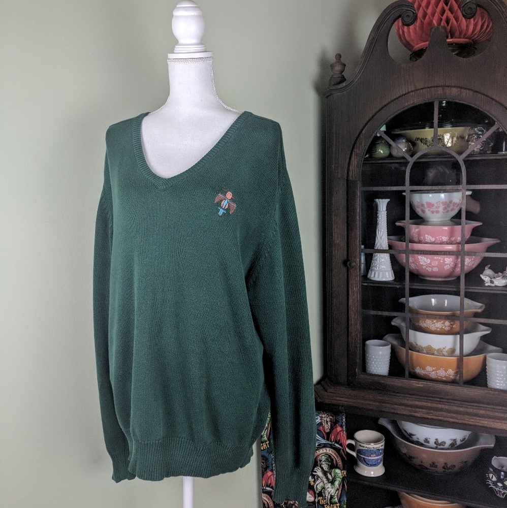 VTG LA MODE TV-Neck Green Knit Sweater Thunderbird